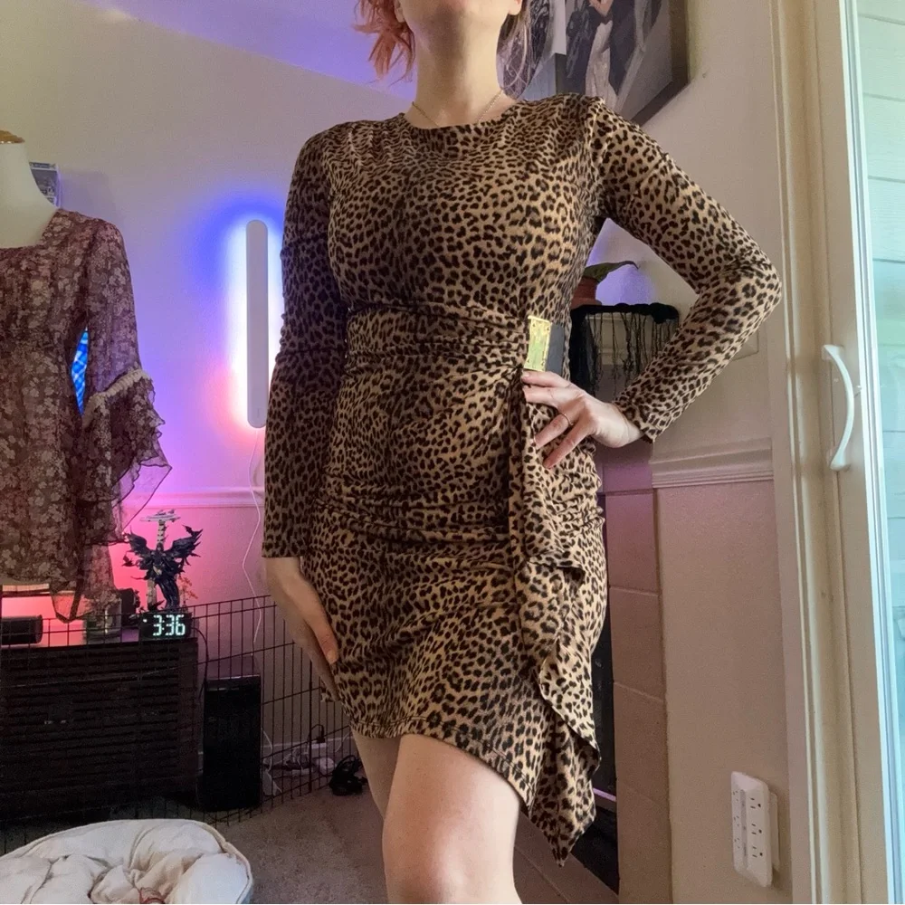 Michael Kors Logo Plate Faux Wrap Leopard Print Dress